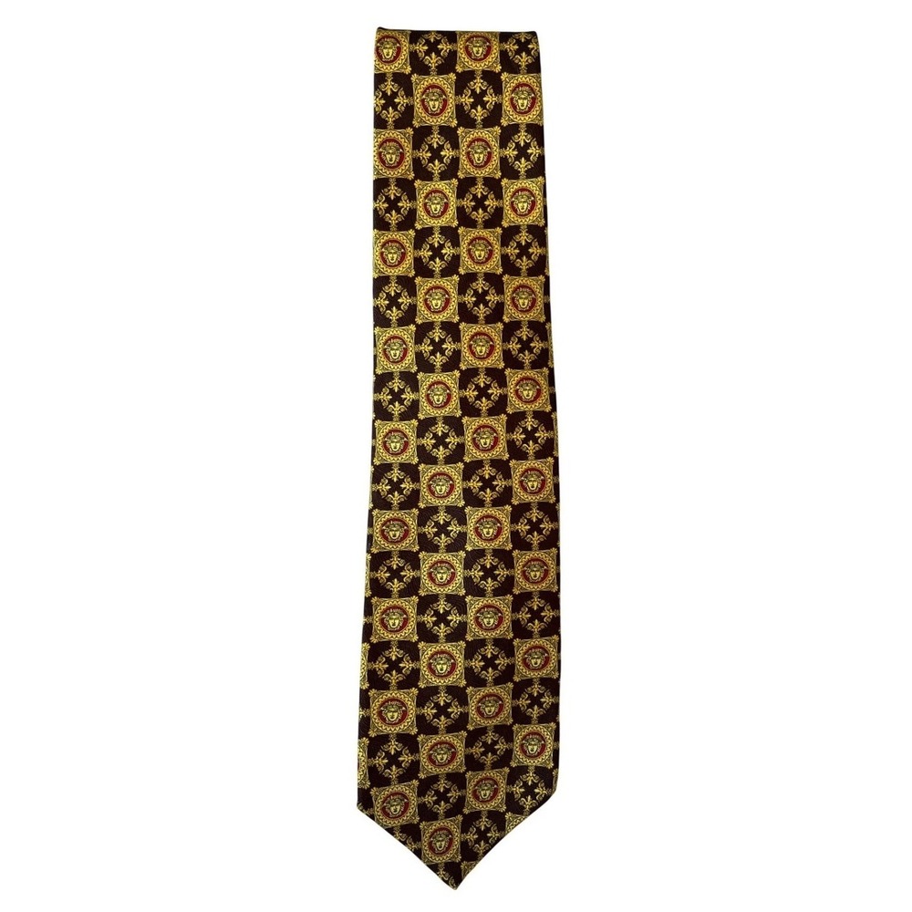Gianni Versace Silk Tie Brown Gold Medusa Baroque Medallion Made‎ in Italy Mens